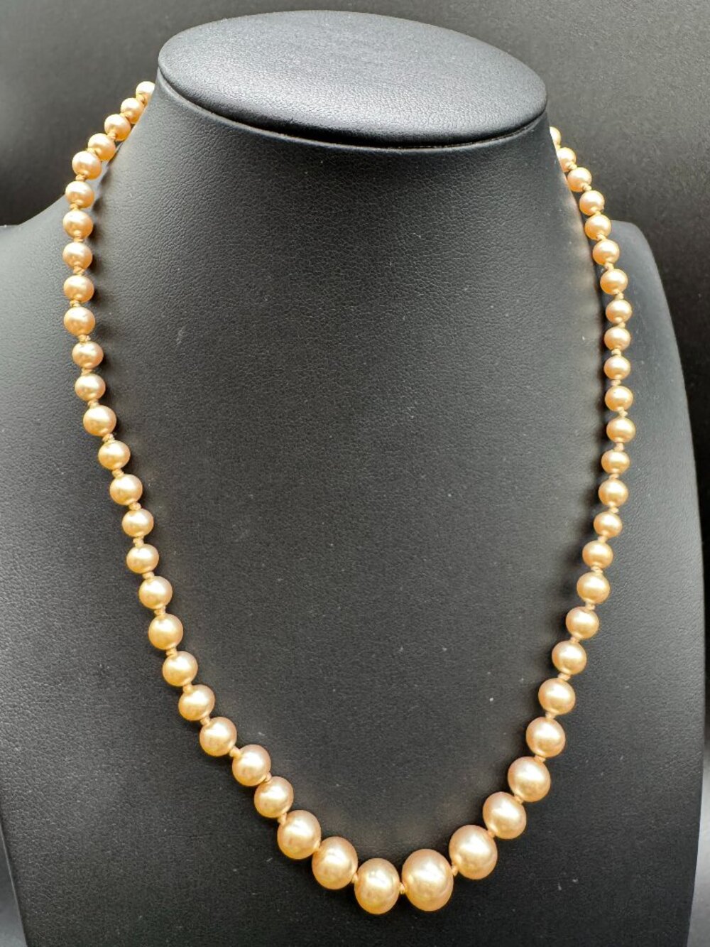 Genuine Champagne Pearl Necklace Vintage String Knots Hook Clasp *READ*